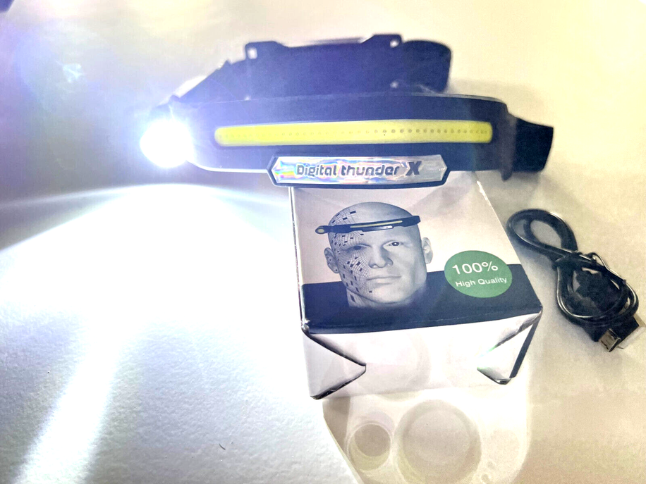 Rechargeable LED headlamp with adjustable strap, bright white light bar, with charging cable