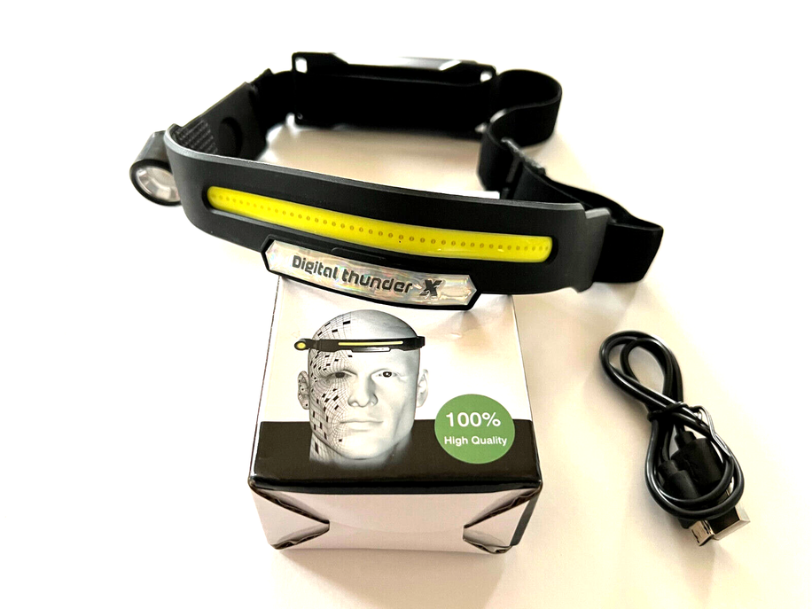 Rechargeable LED headlamp in black with adjustable strap, bright light bar, charging cable