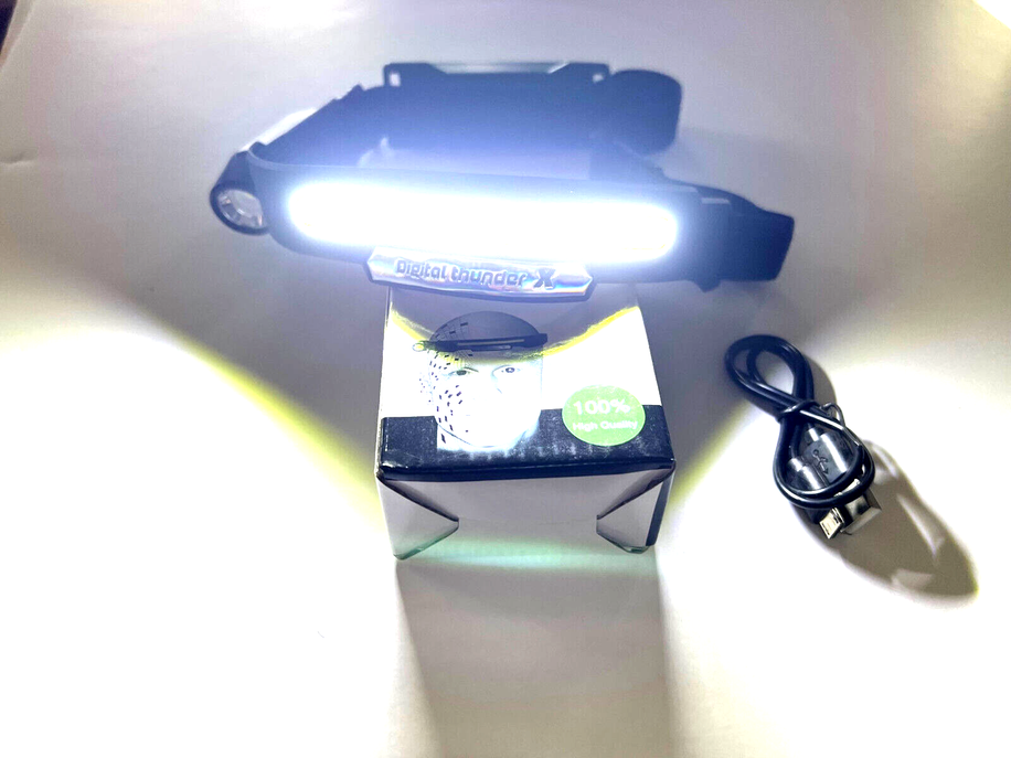 Rechargeable LED headlamp with bright white light bar on strap, beside charging cable