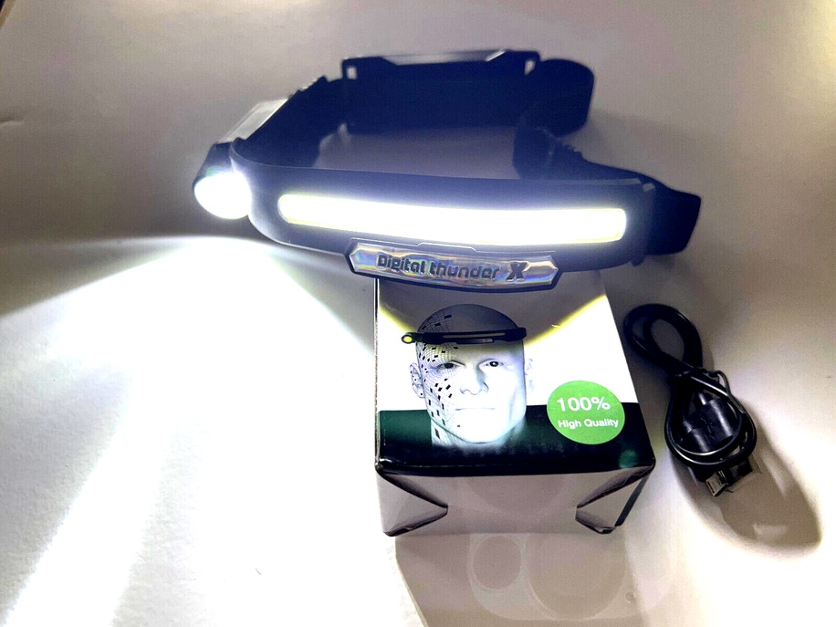 Rechargeable LED headlamp with adjustable strap, bright white light bar, near charging cable