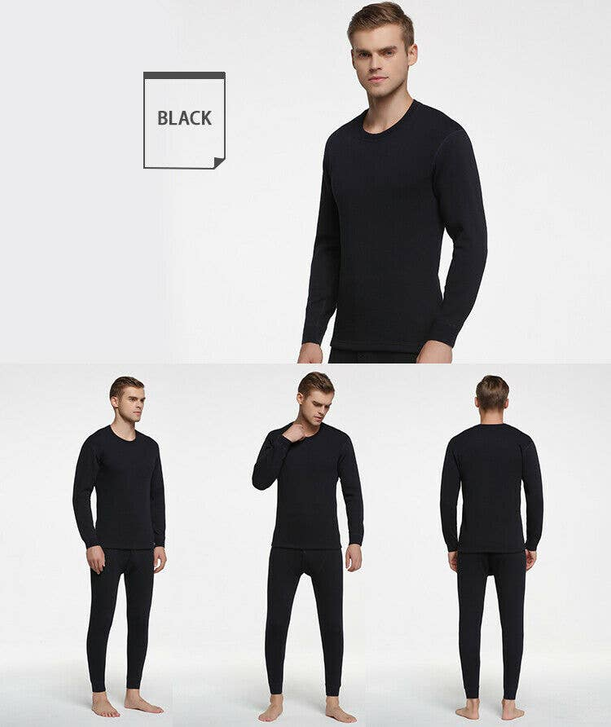 Men's black cotton thermal long john set, long-sleeve top and matching long pants