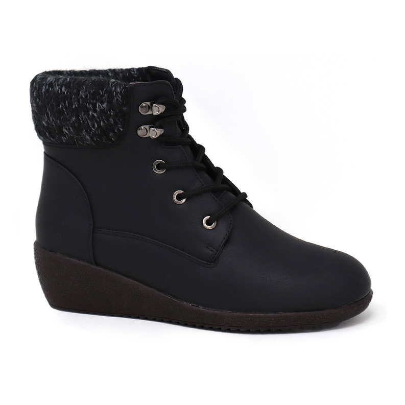 Women’s black knit-top lace-up wedge bootie with metal eyelets and dark sole