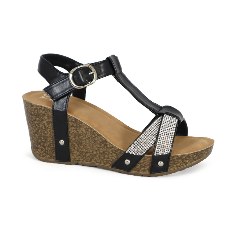 Black wedge sandals with criss-cross rhinestone straps and ankle buckle