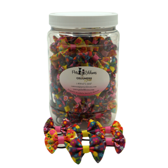 Pet ribbon hair bows in clear jar, colorful patterned bows and loops