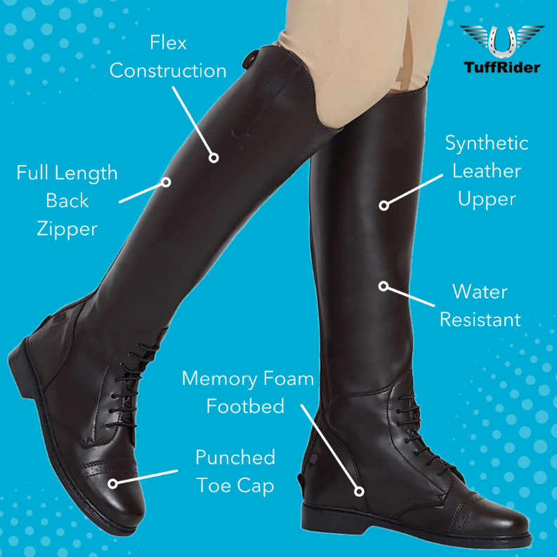 Black tall field boots with full-length back zipper and lace-up front.