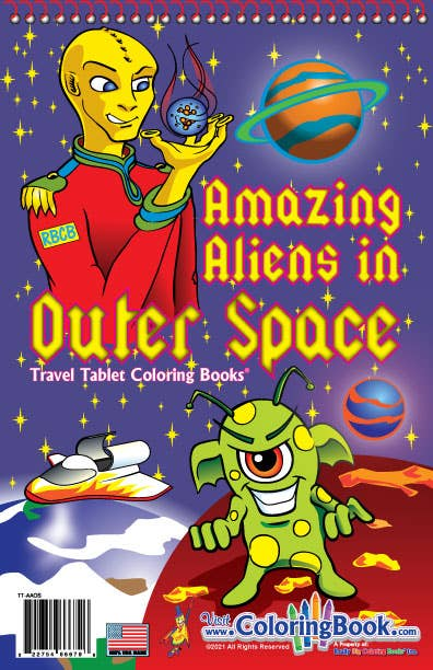 Travel coloring book cover with cartoon aliens in outer space, spiral binding