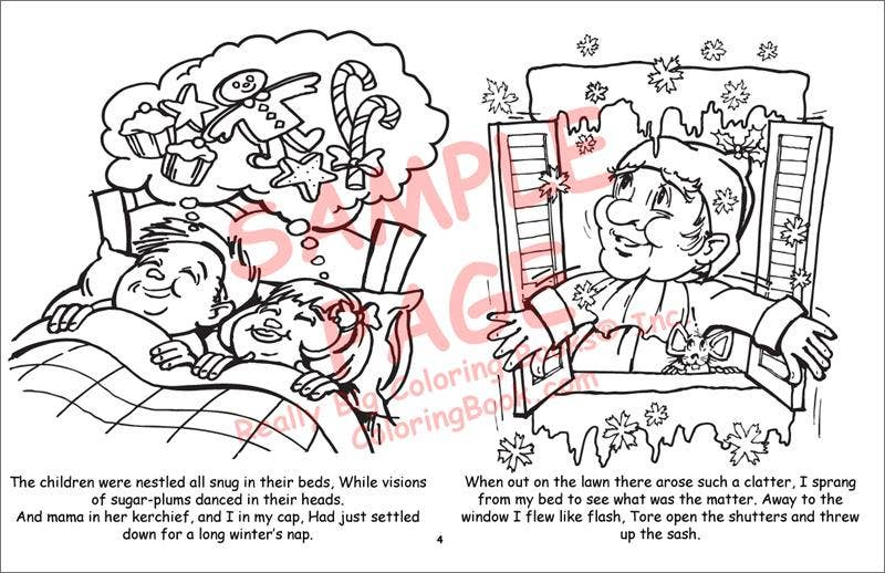 Black-and-white coloring book page with Santa, children by fireplace, and snowflakes