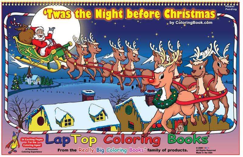 Laptop coloring book cover showing Santa’s sleigh with reindeer and winter houses