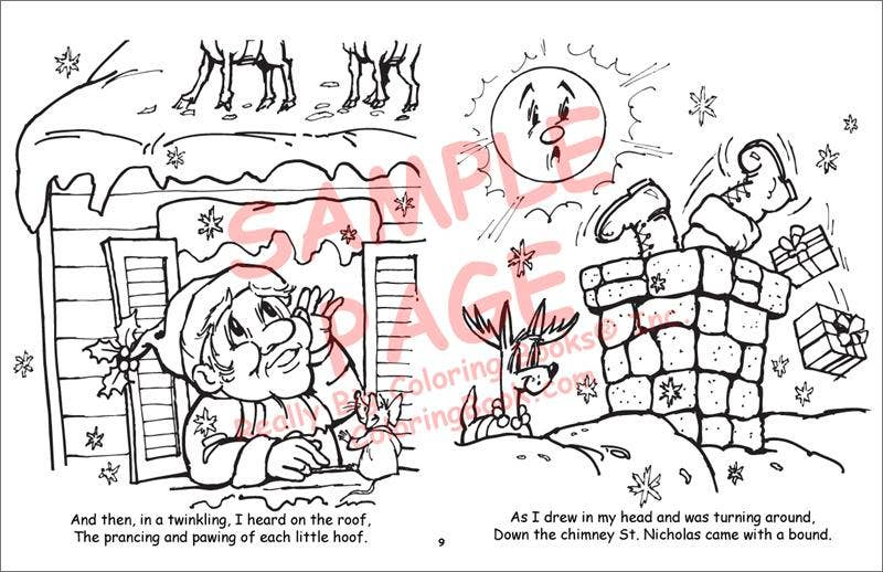 Black-and-white coloring book page with children in bed, chimney, and falling snow