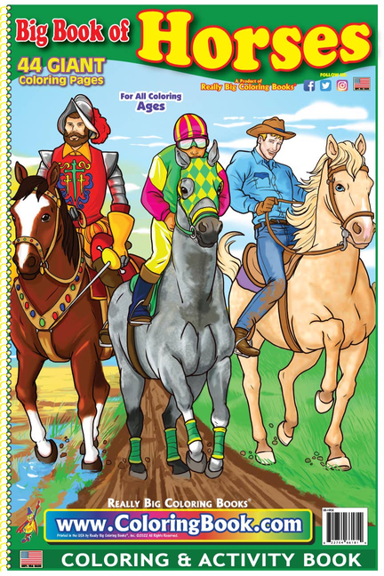 Coloring & activity book cover with four horses and riders, bold Horses title