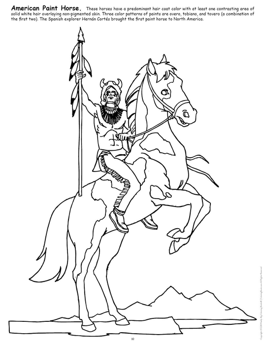 Black-and-white line drawing of a horse with rider holding a spear, coloring page