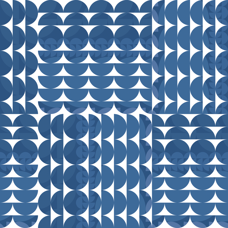Blue and white geometric wallpaper panel with scallops and circles pattern