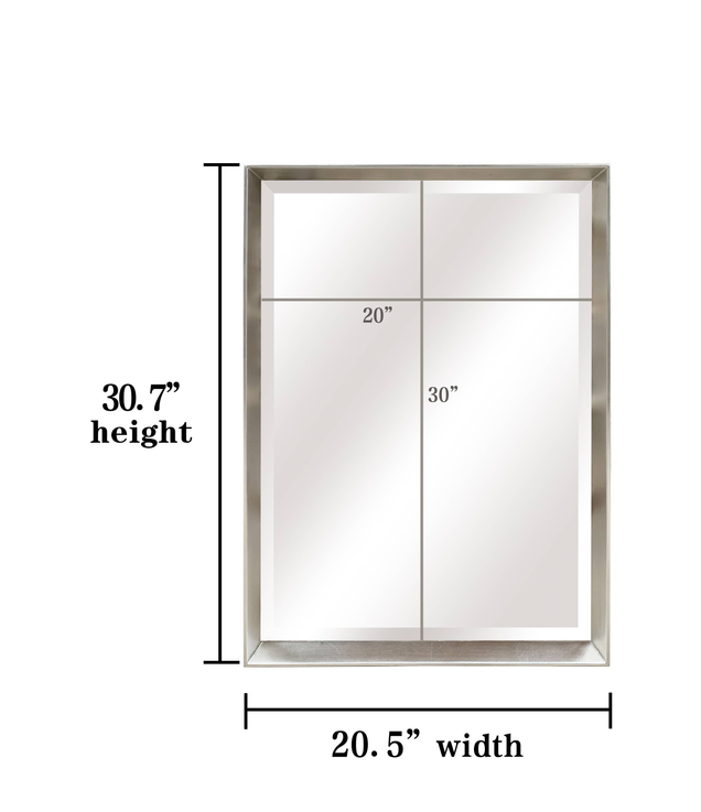 Rectangular wall mirror dimensions: 20.5" width, 30" height, brushed silver frame