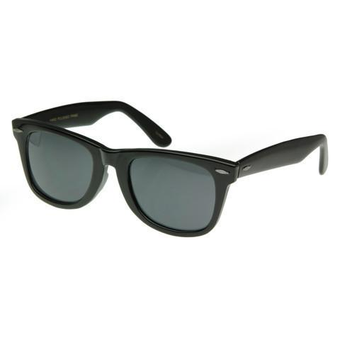 Horned rim retro sunglasses with dark frames and gray-green tinted lenses