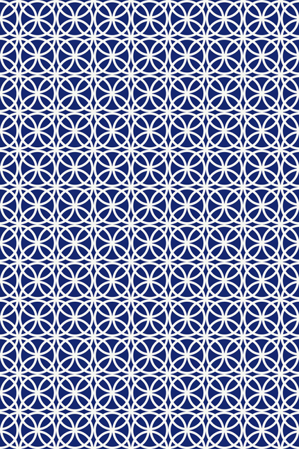 Blue and white geometric ring lattice vinyl floor covering with repeating circle links