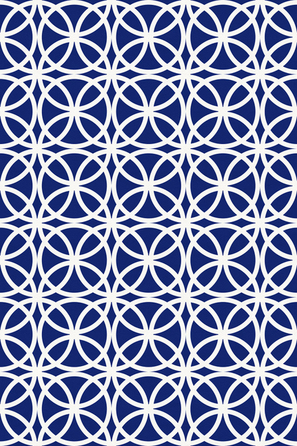 Blue and white interlocking ring motif vinyl floor covering with repeating pattern