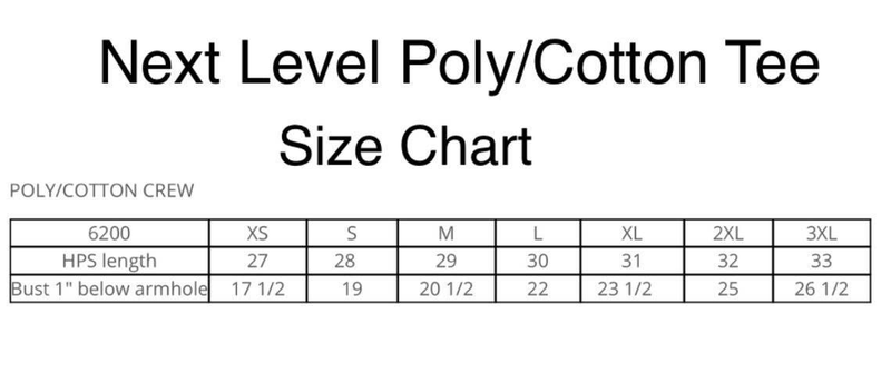 Poly/cotton tee size chart for crew, showing XS–3XL measurements