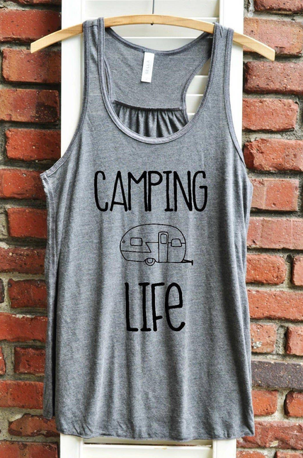 Gray women’s tank top with scoop neck and “Camping Life” graphic