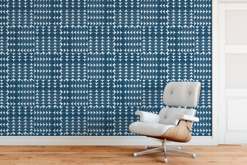 Vinyl peel-and-stick wallpaper panel with repeating blue circular dot-and-wave pattern