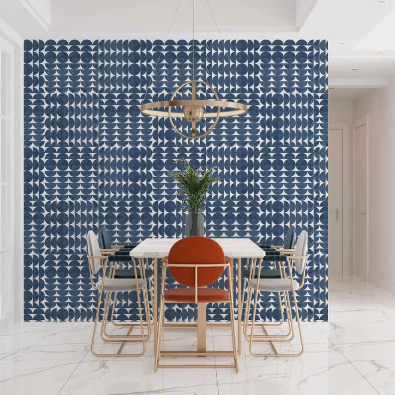 Vinyl peel-and-stick wallpaper panel in blue with repeating circle-and-wave geometric pattern