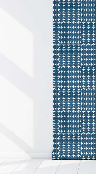Vinyl peel-and-stick wallpaper panel with repeating blue circle-and-wave geometric pattern