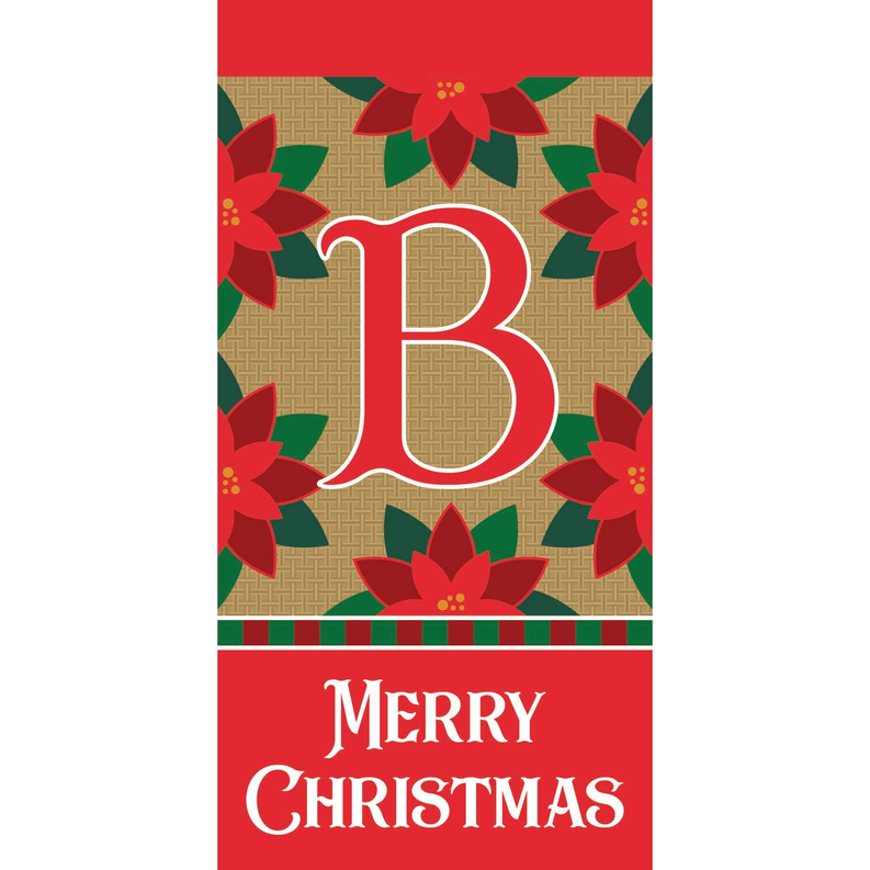 Mini monogram flag with white letter B, Merry Christmas text, poinsettias and green leaves