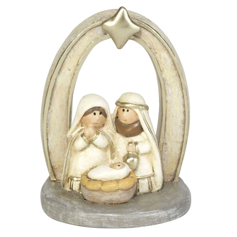 Resin holy family creche figurine with gold arch, Mary and Joseph holding baby