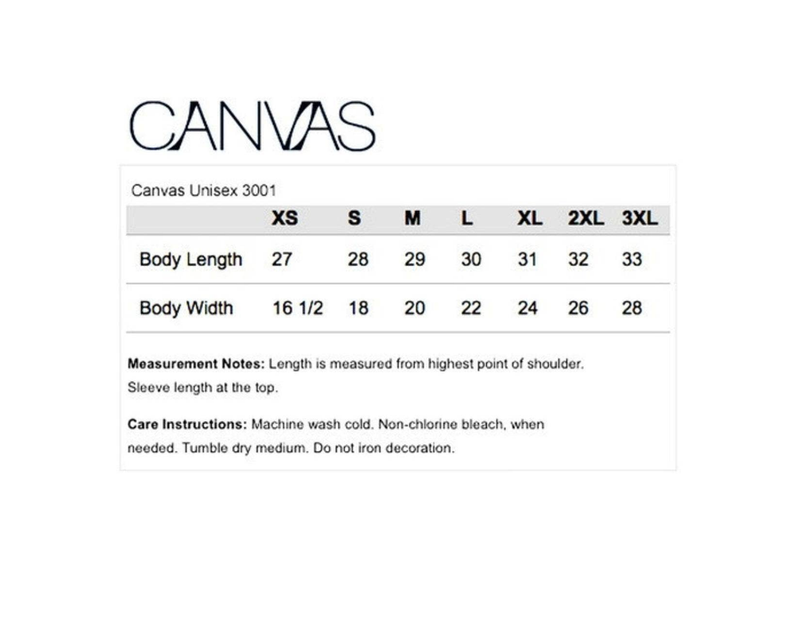 Canvas Unisex 3001 size chart table: XS–3XL body length and width
