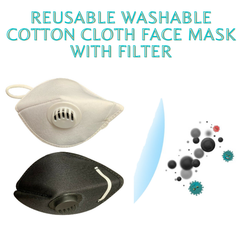 Reusable washable cotton cloth face masks with filter port, light gray and black