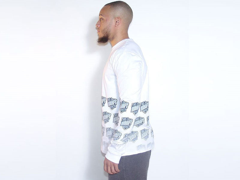 White long sleeve T-shirt with faded blue sleeve graphic print, side profile
