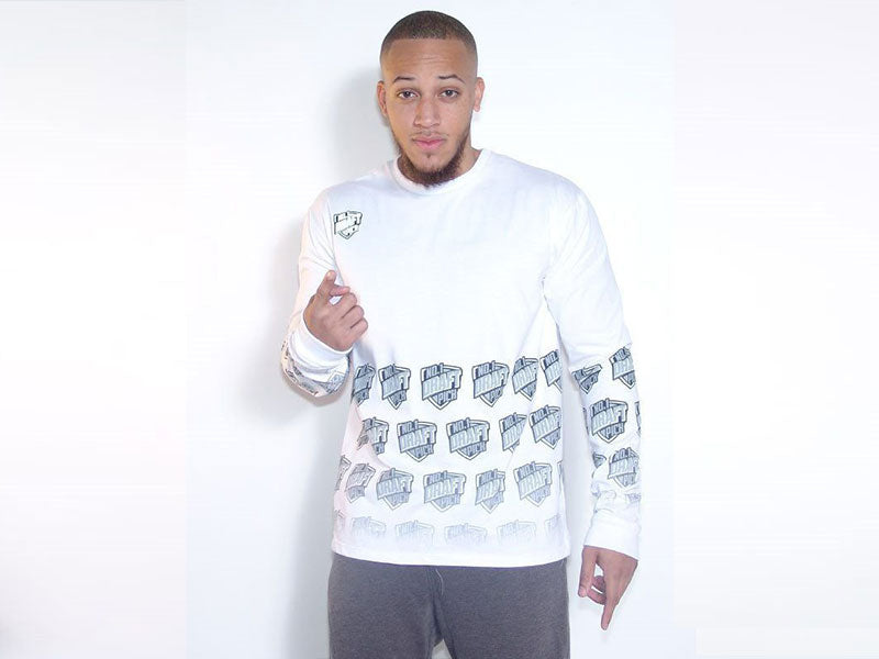 White long sleeve T-shirt with faded blue central graphic print, crew neck