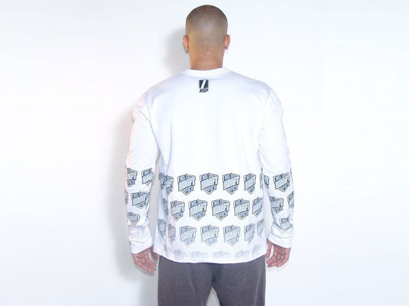 White long sleeve T-shirt with faded blue back graphic print, full back view