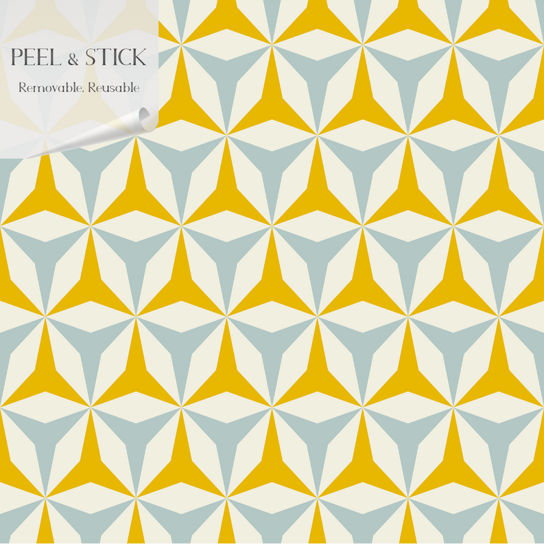 Peel-and-stick vinyl wallpaper panel with gold and aqua geometric star pattern