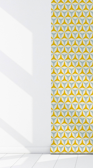 Peel-and-stick wallpaper panel strip with repeating gold and aqua geometric star pattern