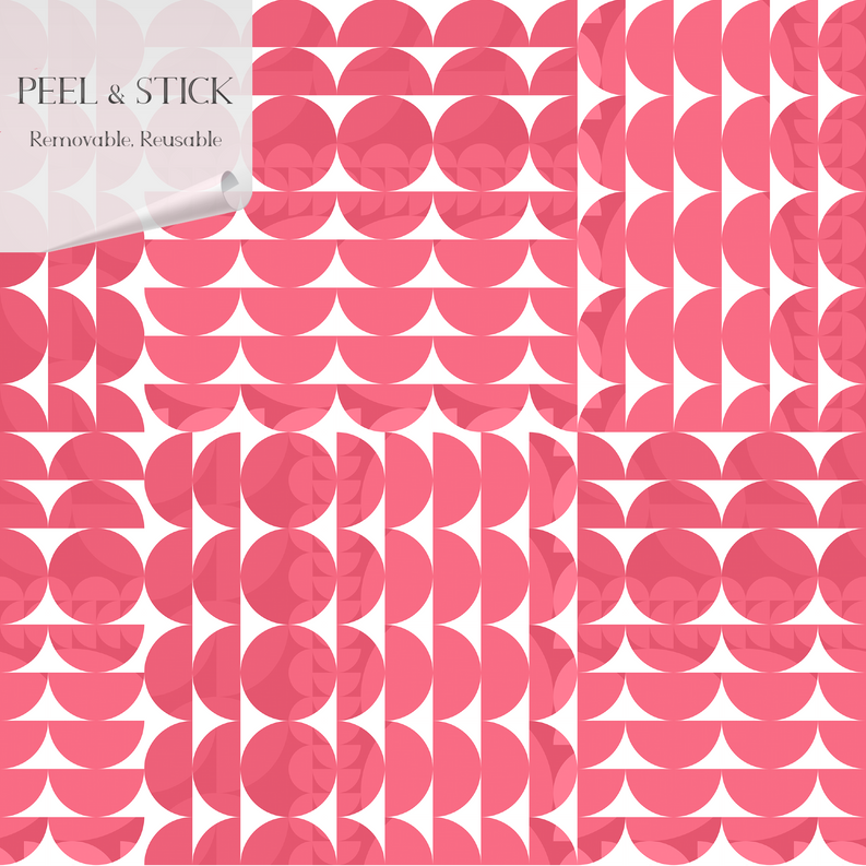 Peel-and-stick vinyl wallpaper panel, red scallop-circle pattern with corner label