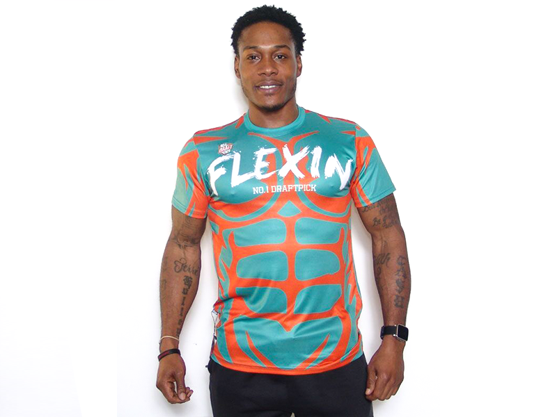 Men's teal T-shirt with orange grid and 'FLEXIN' graphic on front, crew neck