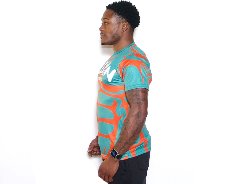 Men's teal T-shirt with orange abstract pattern, crew neck, short sleeves (profile)