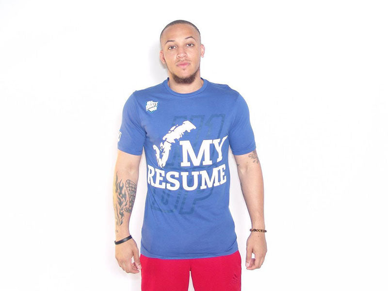 Blue crew-neck T-shirt featuring a white 'MY RESUME' graphic front print