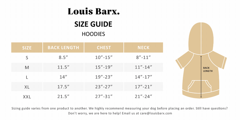 Hoodies size guide page with beige back-view hoodie outline