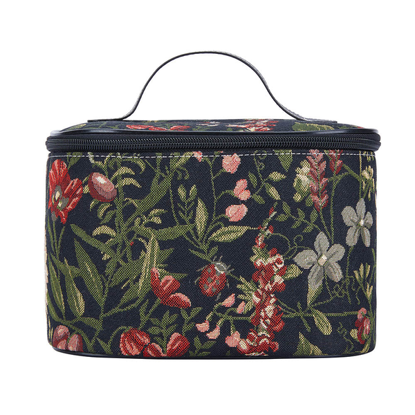 Black floral toiletry vanity travel bag with zip top and carry handle
