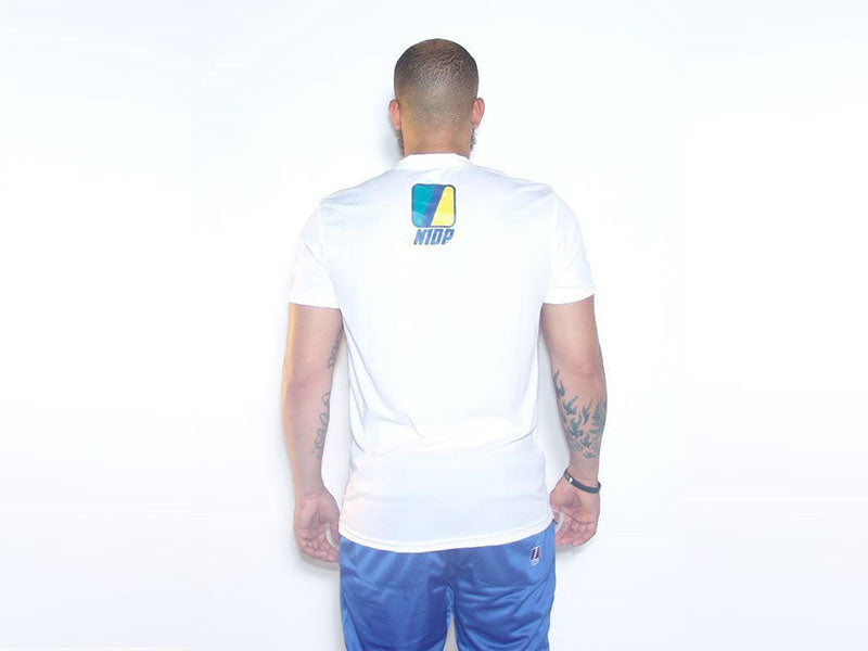 White sports T-shirt, back view with centered graphic print, short sleeves