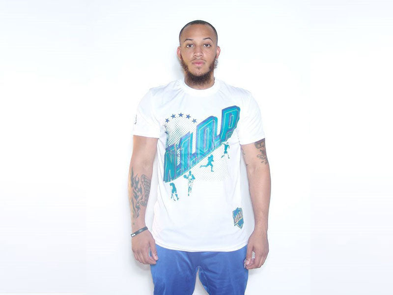 White sports T-shirt, round neck, short sleeves, large blue chest graphic