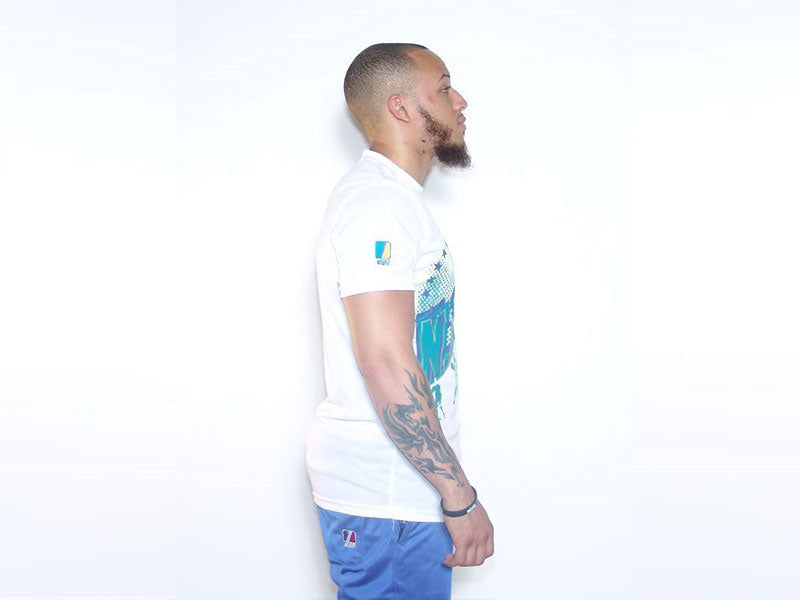 White sports T-shirt with sleeve logo, side profile, short sleeves