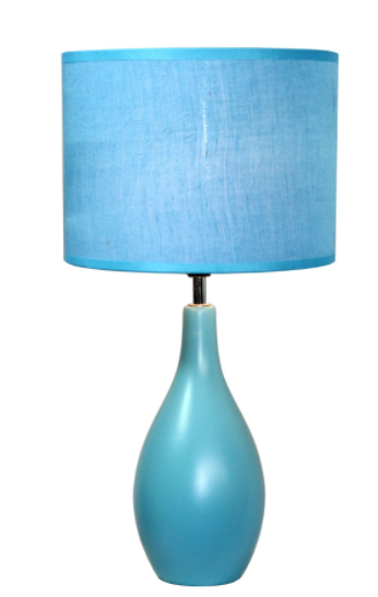 Teal ceramic bowling-pin base table lamp with blue drum shade