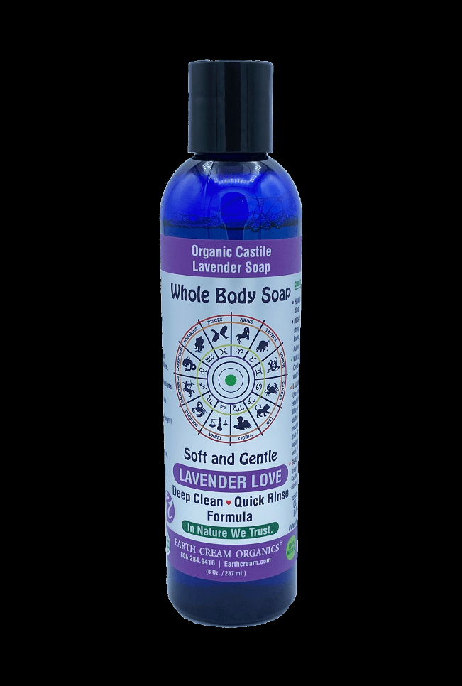 Lavender organic castile whole body liquid soap bottle, soft and gentle label
