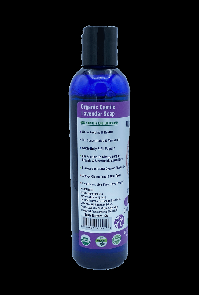 Lavender organic castile liquid soap bottle with ingredient and directions label