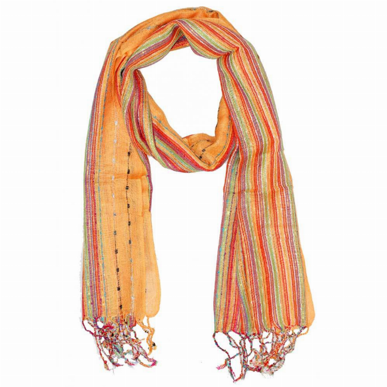 Orange, green, and blue striped scarf with shiny threads and tassel fringe