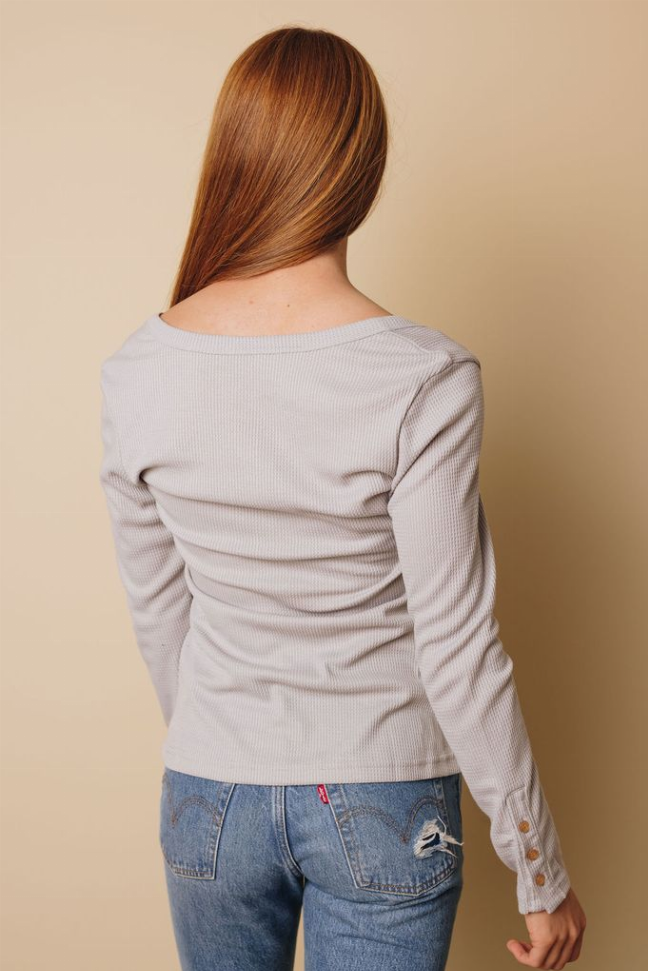 Light gray long-sleeve scoop-neck top, draped ruched back view