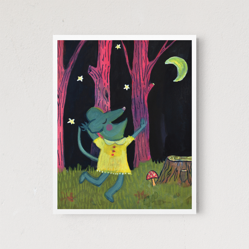 Framed moonlit dance illustration showing hare with raised arms, crescent moon, and stars