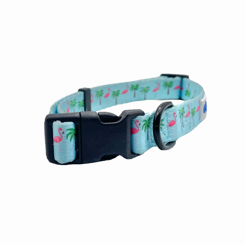 Light blue flamingo and palm tree dog collar with black buckle, D-ring, and “Cutie paws” tag